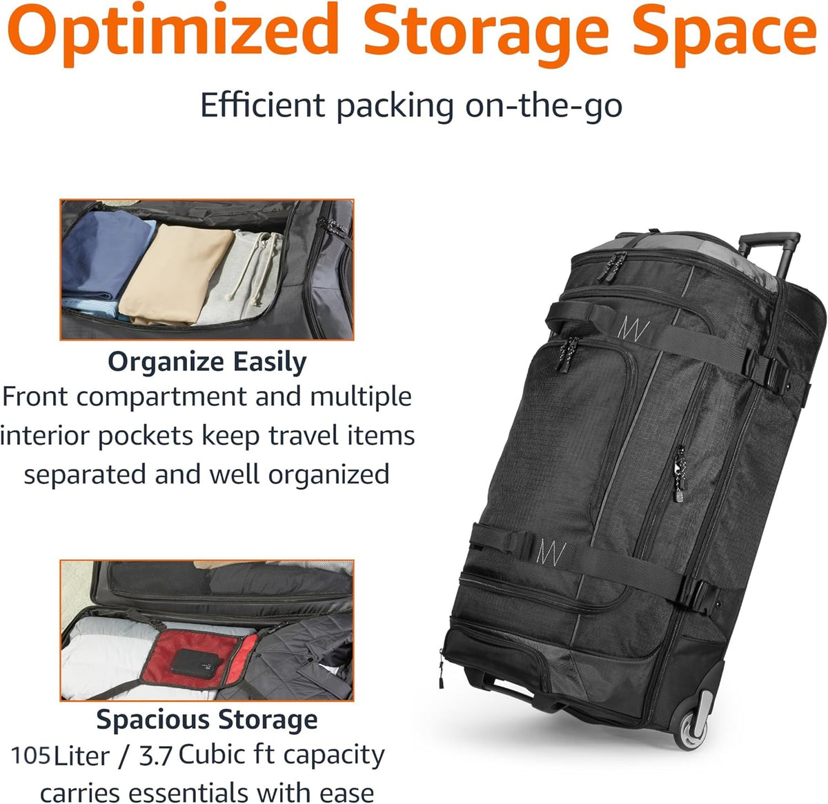 35-inch Large Rolling Duffel Bag with Wheels and Handle, Travel Duffle with Durable Ripstop Polyester Material, 2 Layers of Storage Space, Multiple Interior and Exterior Pockets, Black