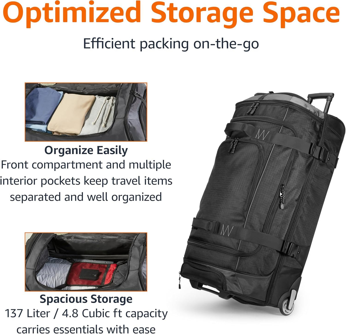 35-inch Large Rolling Duffel Bag with Wheels and Handle, Travel Duffle with Durable Ripstop Polyester Material, 2 Layers of Storage Space, Multiple Interior and Exterior Pockets, Black