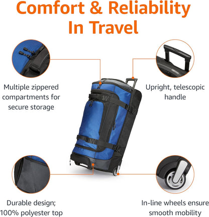 35-inch Large Rolling Duffel Bag with Wheels and Handle, Travel Duffle with Durable Ripstop Polyester Material, 2 Layers of Storage Space, Multiple Interior and Exterior Pockets, Black