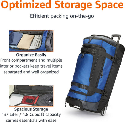 35-inch Large Rolling Duffel Bag with Wheels and Handle, Travel Duffle with Durable Ripstop Polyester Material, 2 Layers of Storage Space, Multiple Interior and Exterior Pockets, Black