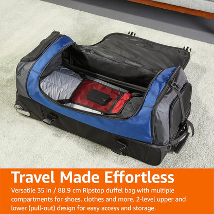 35-inch Large Rolling Duffel Bag with Wheels and Handle, Travel Duffle with Durable Ripstop Polyester Material, 2 Layers of Storage Space, Multiple Interior and Exterior Pockets, Black