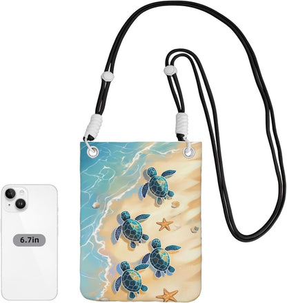 Women's Crossbody Phone Bag, Black Shoulder Strap, Adjustable Shoulder Strap, Vintage Sea Turtle Pattern