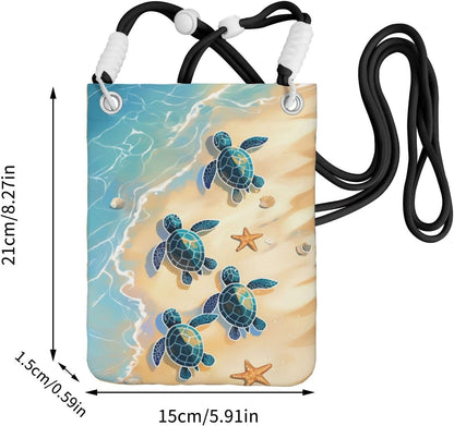 Women's Crossbody Phone Bag, Black Shoulder Strap, Adjustable Shoulder Strap, Vintage Sea Turtle Pattern