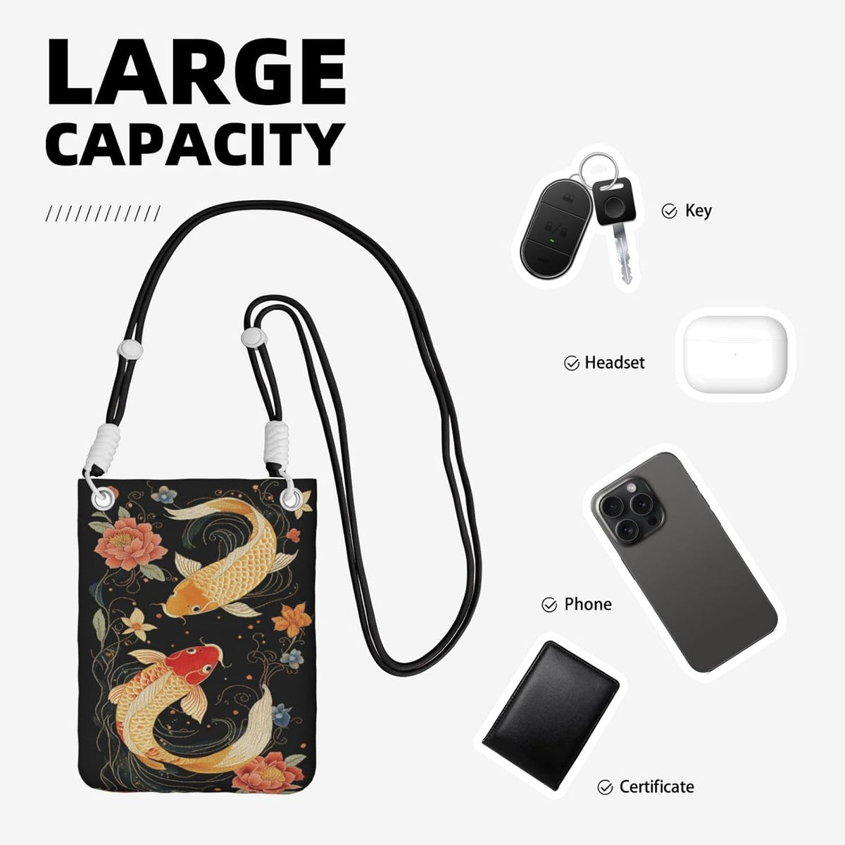 Women's Crossbody Phone Bag, Black Shoulder Strap, Adjustable Shoulder Strap, Vintage Sea Turtle Pattern