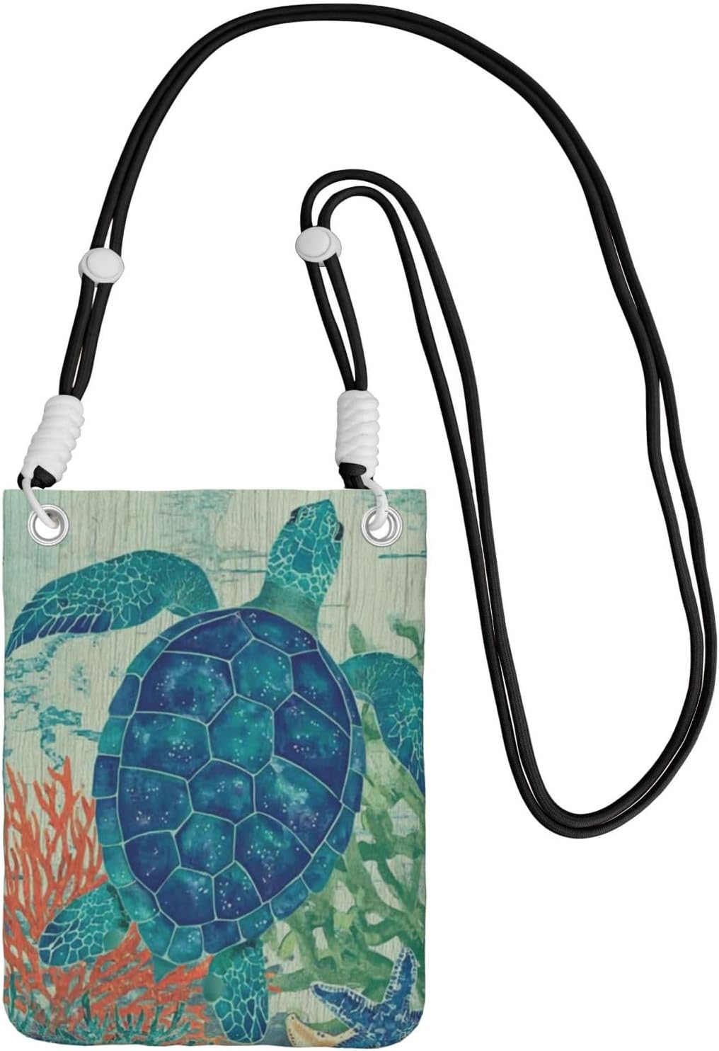 Women's Crossbody Phone Bag, Black Shoulder Strap, Adjustable Shoulder Strap, Vintage Sea Turtle Pattern