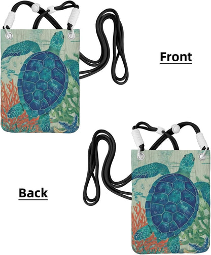 Women's Crossbody Phone Bag, Black Shoulder Strap, Adjustable Shoulder Strap, Vintage Sea Turtle Pattern