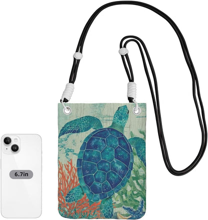 Women's Crossbody Phone Bag, Black Shoulder Strap, Adjustable Shoulder Strap, Vintage Sea Turtle Pattern