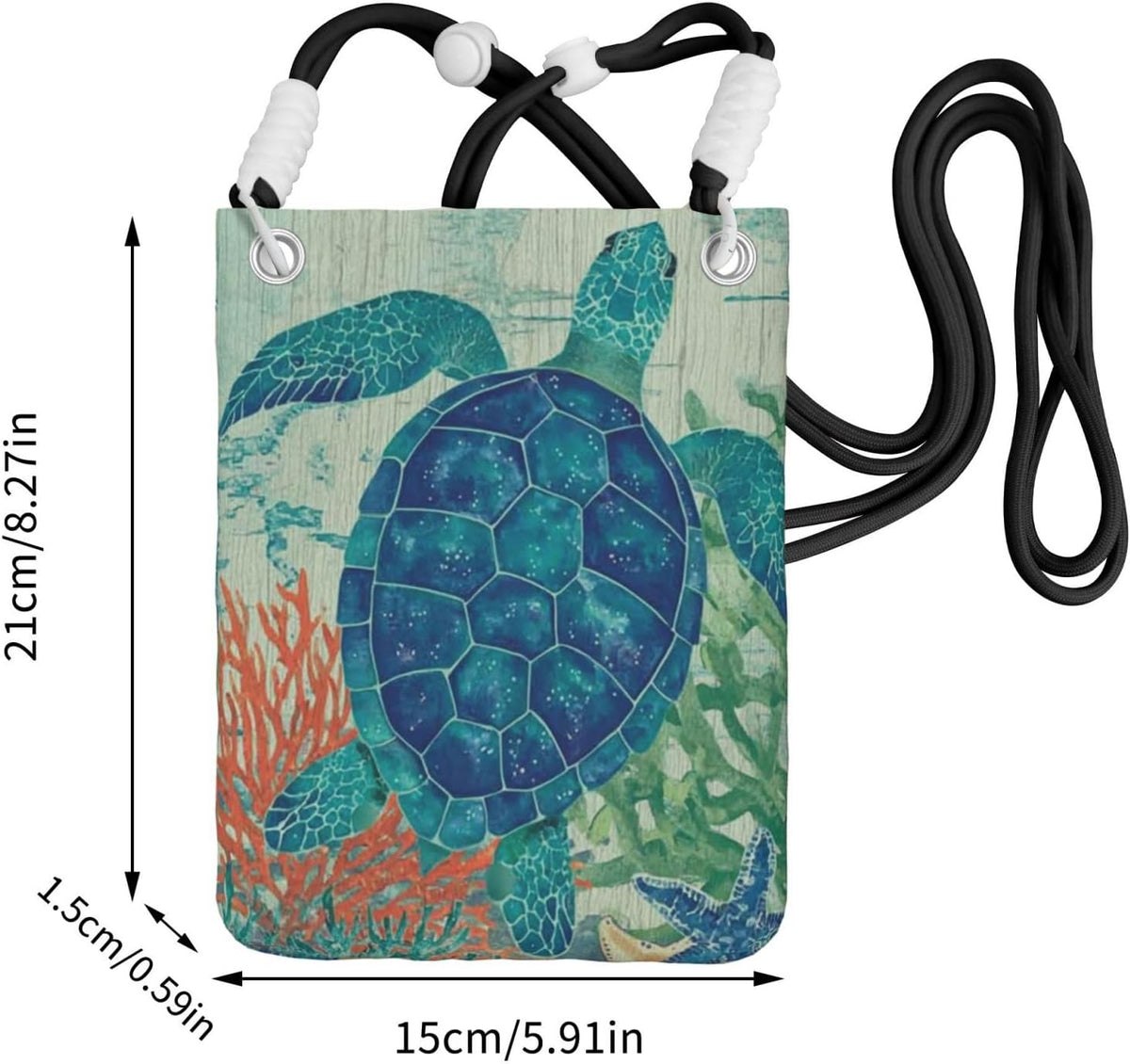 Women's Crossbody Phone Bag, Black Shoulder Strap, Adjustable Shoulder Strap, Vintage Sea Turtle Pattern