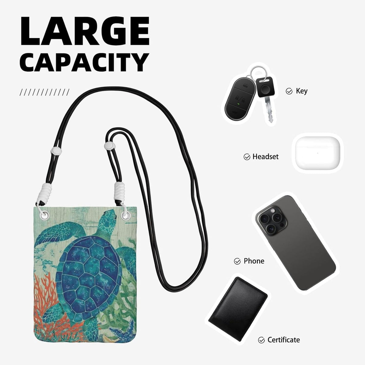 Women's Crossbody Phone Bag, Black Shoulder Strap, Adjustable Shoulder Strap, Vintage Sea Turtle Pattern