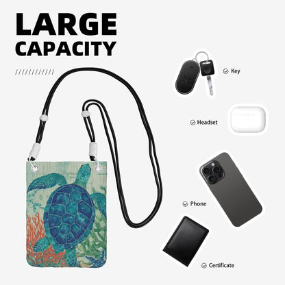 Women's Crossbody Phone Bag, Black Shoulder Strap, Adjustable Shoulder Strap, Vintage Sea Turtle Pattern