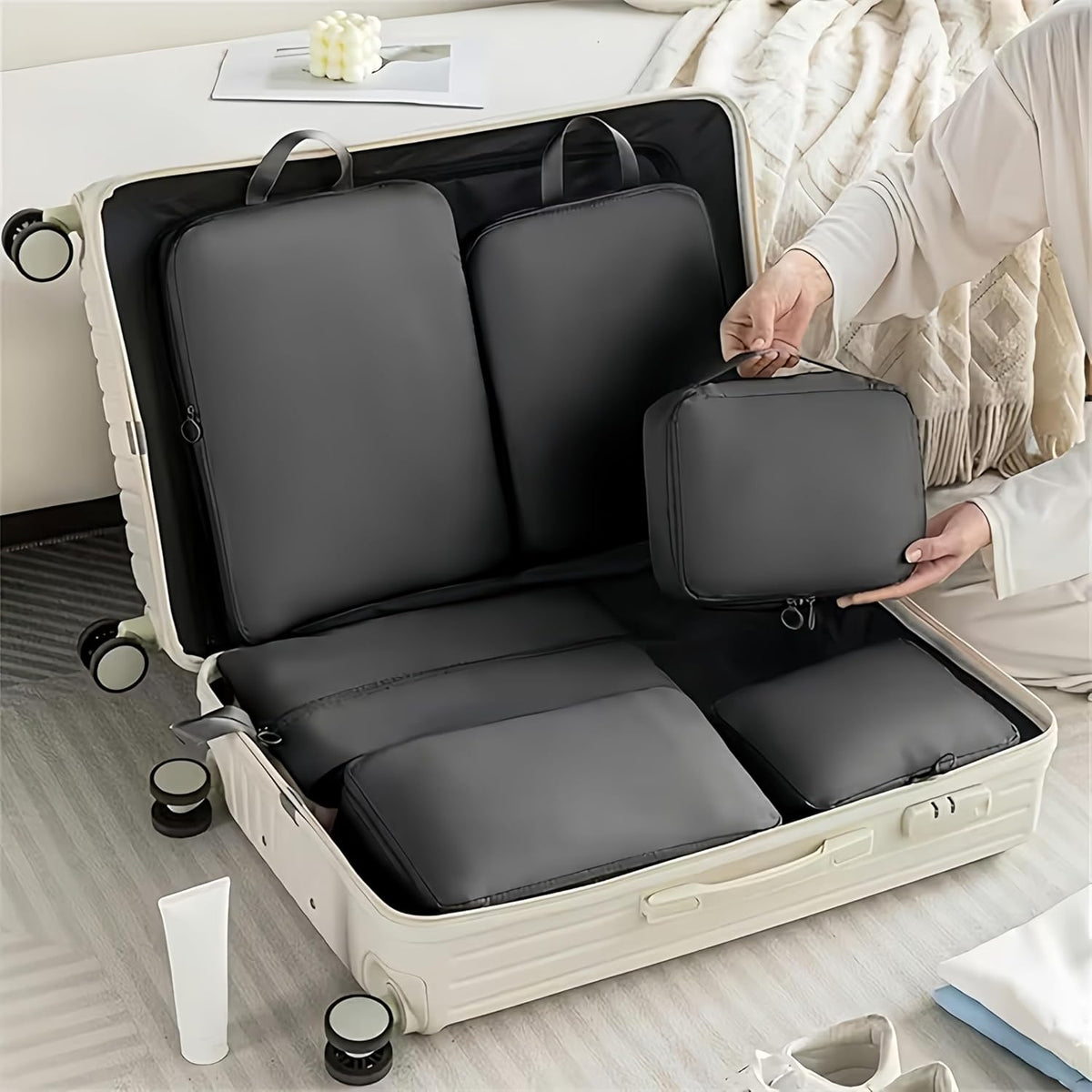 6PCS Compression Packing Cubes Set - Durable & Easy-Clean Travel Storage Bags for Luggage, New Year/Valentine’s Gift, Black