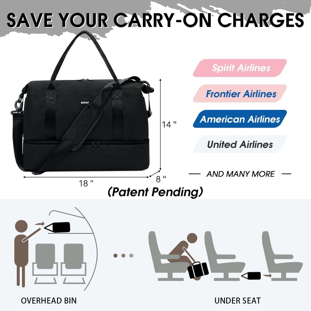 For Spirit Airlines Personal Item Bag Underseat Carry On Bag with Wet Pocket & Shoe Compartment & USB Charging Port