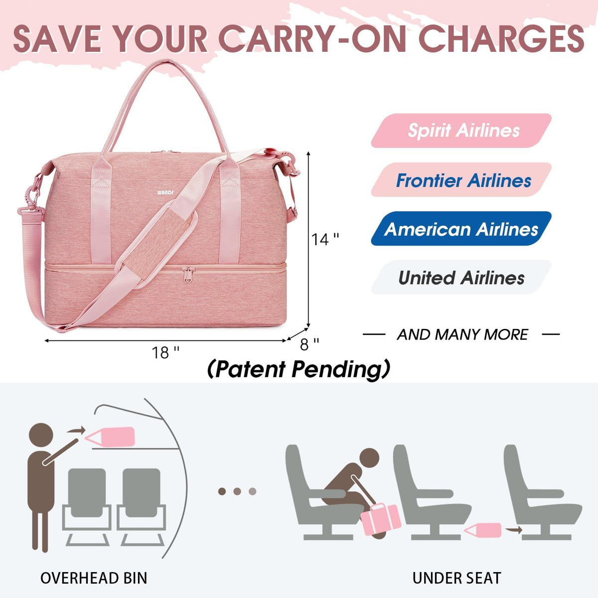 For Spirit Airlines Personal Item Bag Underseat Carry On Bag with Wet Pocket & Shoe Compartment & USB Charging Port