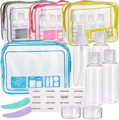 Clear Toiletry Bag Set - TSA Approved Bottles - Leak Proof Travel Containers - Versatile Packing Cubes & Travel Organizer - Grey, Yellow, Blue, Red - Pack of 4-7.5 x 2.5 x 5.5 in