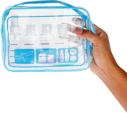 Clear Toiletry Bag Set - TSA Approved Bottles - Leak Proof Travel Containers - Versatile Packing Cubes & Travel Organizer - Grey, Yellow, Blue, Red - Pack of 4-7.5 x 2.5 x 5.5 in