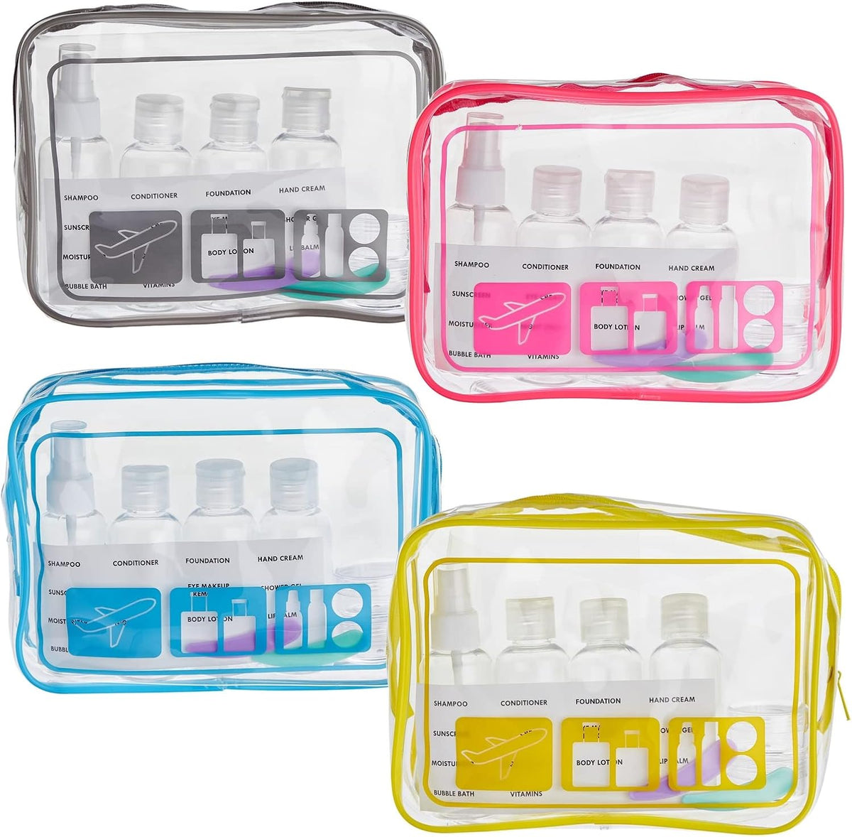 Clear Toiletry Bag Set - TSA Approved Bottles - Leak Proof Travel Containers - Versatile Packing Cubes & Travel Organizer - Grey, Yellow, Blue, Red - Pack of 4-7.5 x 2.5 x 5.5 in