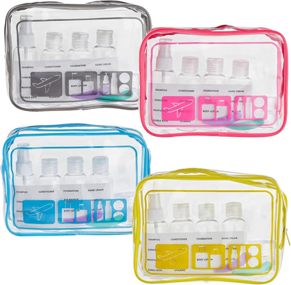Clear Toiletry Bag Set - TSA Approved Bottles - Leak Proof Travel Containers - Versatile Packing Cubes & Travel Organizer - Grey, Yellow, Blue, Red - Pack of 4-7.5 x 2.5 x 5.5 in