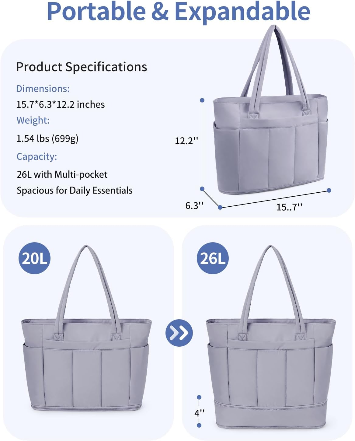 Travel Tote Bag for Women with Expandable Bottom & Laundry Bag, Fits 40oz Tumbler for Carry-On Work Gym
