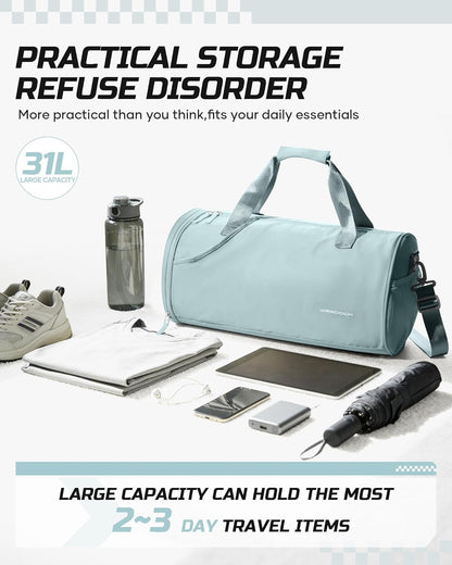 Gym Bag for Women and Men With Wet & Shoe Compartment - Small Duffle for Travel, Sport, Workout, Overnight Weekender - Carry-on Tote - Peacock Blue
