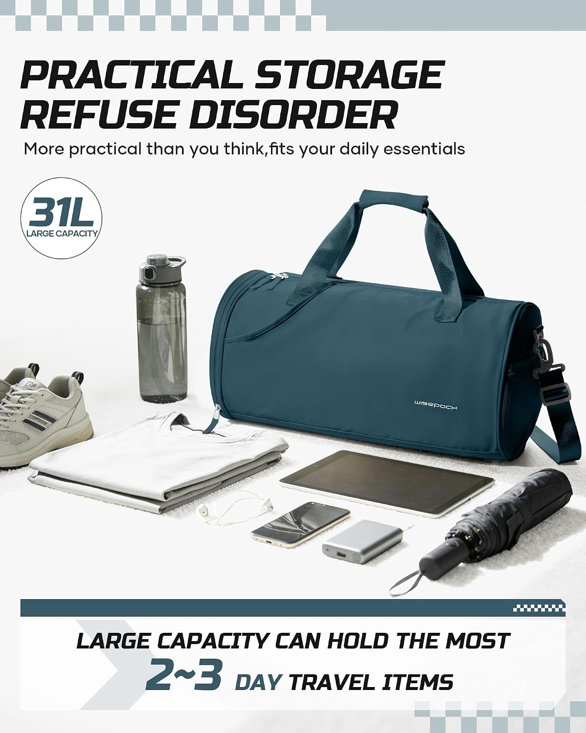 Gym Bag for Women and Men With Wet & Shoe Compartment - Small Duffle for Travel, Sport, Workout, Overnight Weekender - Carry-on Tote - Peacock Blue
