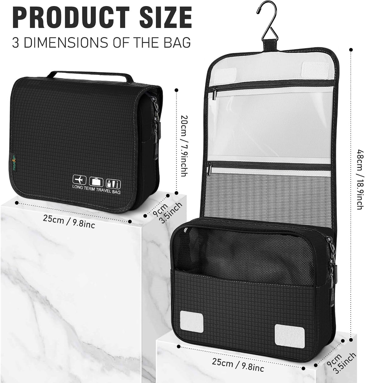 Hanging Travel Toiletry Bag, Portable Travel Cosmetic Organizer Bag for Women Men, Waterproof Toiletries Wash Bag with 4 Compartments & Hanging Hook (Dark Blue)