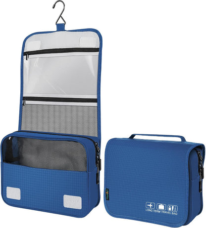Hanging Travel Toiletry Bag, Portable Travel Cosmetic Organizer Bag for Women Men, Waterproof Toiletries Wash Bag with 4 Compartments & Hanging Hook (Dark Blue)