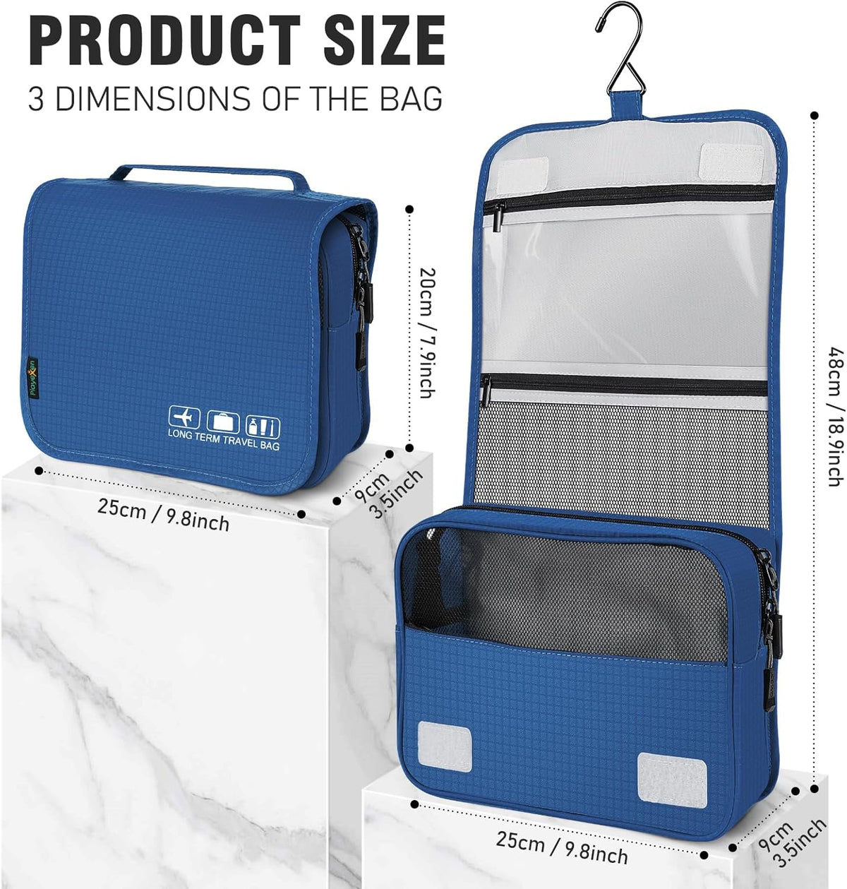 Hanging Travel Toiletry Bag, Portable Travel Cosmetic Organizer Bag for Women Men, Waterproof Toiletries Wash Bag with 4 Compartments & Hanging Hook (Dark Blue)