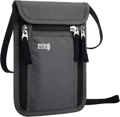 Travel Neck Pouch Passport Holder with RFID Blocking, Under Clothing Anti-Theft Wallet for Men Women, Secure Document Organizer with Multiple Compartments and Adjustable Strap(Dark Grey)