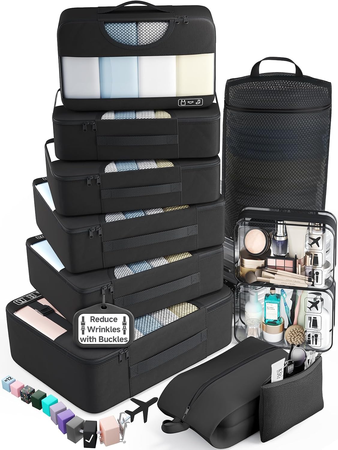 11 Set Packing Cubes for Travel,Anti-Wrinkle Buckled Suitcase Organizer with Shoe,Toiletry,Makeup Bag,Carry On Luggage Bag with 99+ Count Mesh Holes for Airplane & College Dorm Essentials