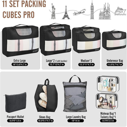 11 Set Packing Cubes for Travel,Anti-Wrinkle Buckled Suitcase Organizer with Shoe,Toiletry,Makeup Bag,Carry On Luggage Bag with 99+ Count Mesh Holes for Airplane & College Dorm Essentials