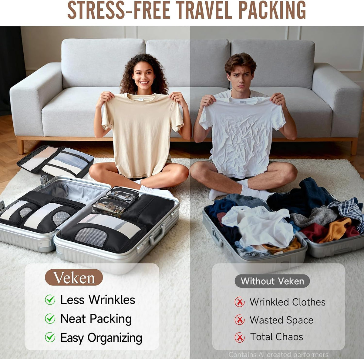 11 Set Packing Cubes for Travel,Anti-Wrinkle Buckled Suitcase Organizer with Shoe,Toiletry,Makeup Bag,Carry On Luggage Bag with 99+ Count Mesh Holes for Airplane & College Dorm Essentials