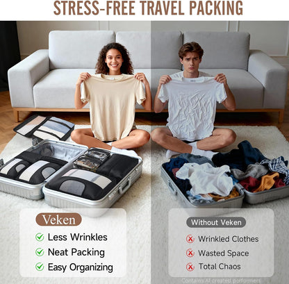 11 Set Packing Cubes for Travel,Anti-Wrinkle Buckled Suitcase Organizer with Shoe,Toiletry,Makeup Bag,Carry On Luggage Bag with 99+ Count Mesh Holes for Airplane & College Dorm Essentials