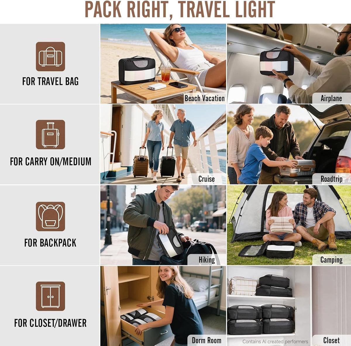 11 Set Packing Cubes for Travel,Anti-Wrinkle Buckled Suitcase Organizer with Shoe,Toiletry,Makeup Bag,Carry On Luggage Bag with 99+ Count Mesh Holes for Airplane & College Dorm Essentials