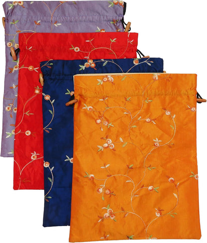 4pcs Embroidered Silk Flower Design Jacquard Travel Bag, Lingerie Bags Underwear Bags Laundry Bags Shoe Bags for Travel Storage for Men Women Washable Cloth Shoe Bags