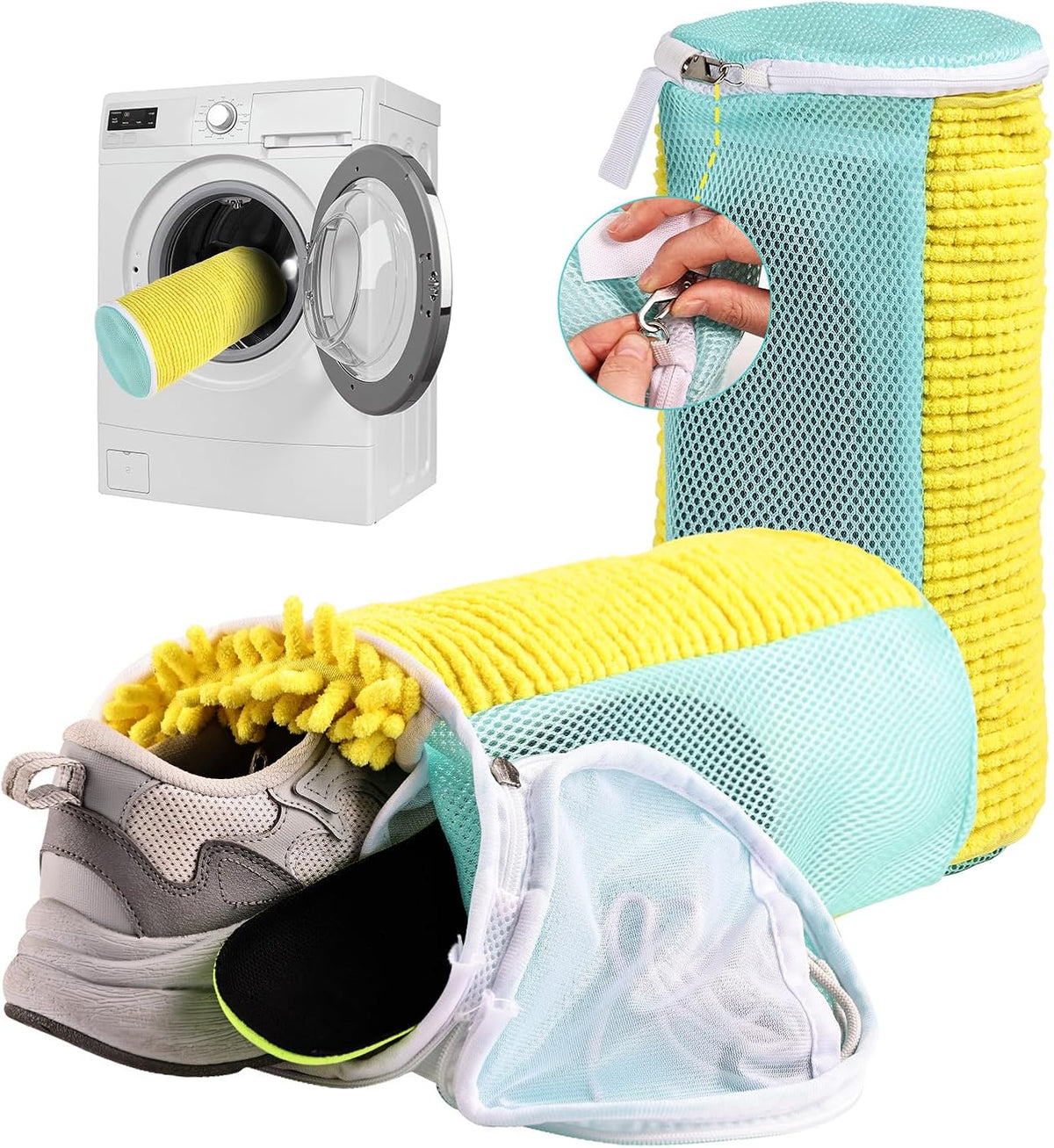Shoe Washing Machine Bag Reusable Sneaker Washing Bag with Built-in Fluffy Brushes for 360° All-Around Cleaning, Laundry Shoe Bag is Designed for Washer and Dryer （Yellow ）