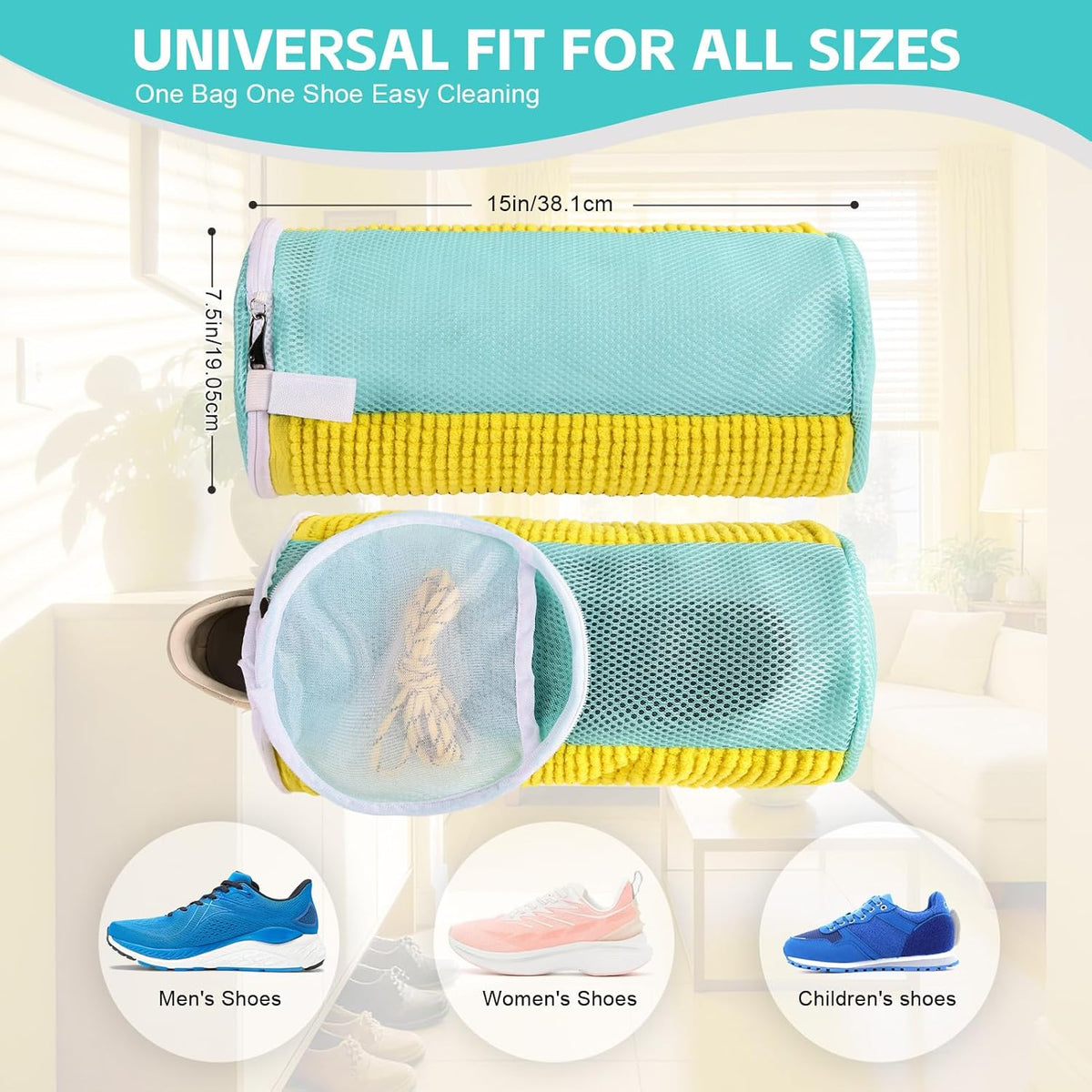 Shoe Washing Machine Bag Reusable Sneaker Washing Bag with Built-in Fluffy Brushes for 360° All-Around Cleaning, Laundry Shoe Bag is Designed for Washer and Dryer （Yellow ）