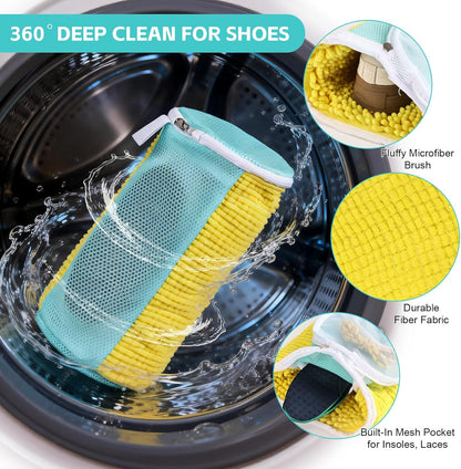 Shoe Washing Machine Bag Reusable Sneaker Washing Bag with Built-in Fluffy Brushes for 360° All-Around Cleaning, Laundry Shoe Bag is Designed for Washer and Dryer （Yellow ）