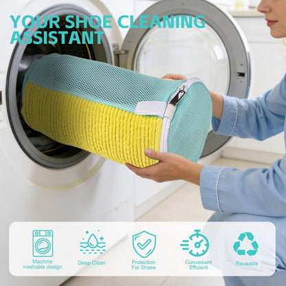 Shoe Washing Machine Bag Reusable Sneaker Washing Bag with Built-in Fluffy Brushes for 360° All-Around Cleaning, Laundry Shoe Bag is Designed for Washer and Dryer （Yellow ）