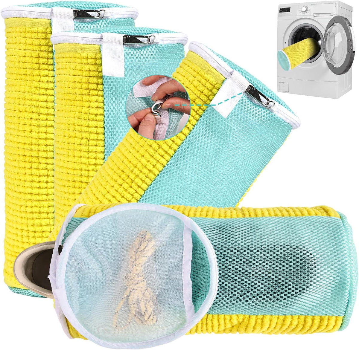 Shoe Washing Machine Bag Reusable Sneaker Washing Bag with Built-in Fluffy Brushes for 360° All-Around Cleaning, Laundry Shoe Bag is Designed for Washer and Dryer （Yellow ）