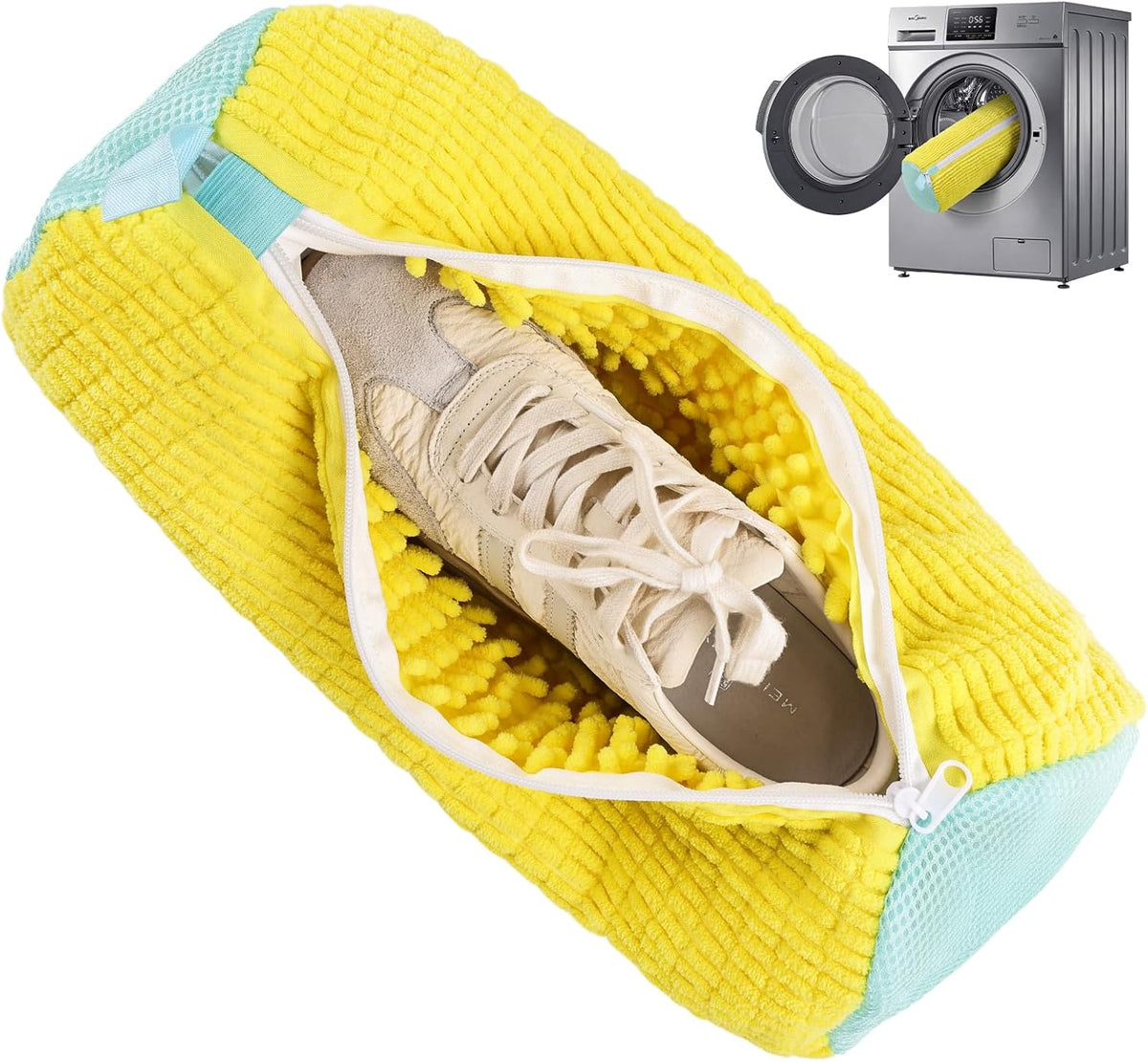 Shoe Washing Machine Bag Reusable Sneaker Washing Bag with Built-in Fluffy Brushes for 360° All-Around Cleaning, Laundry Shoe Bag is Designed for Washer and Dryer （Yellow ）