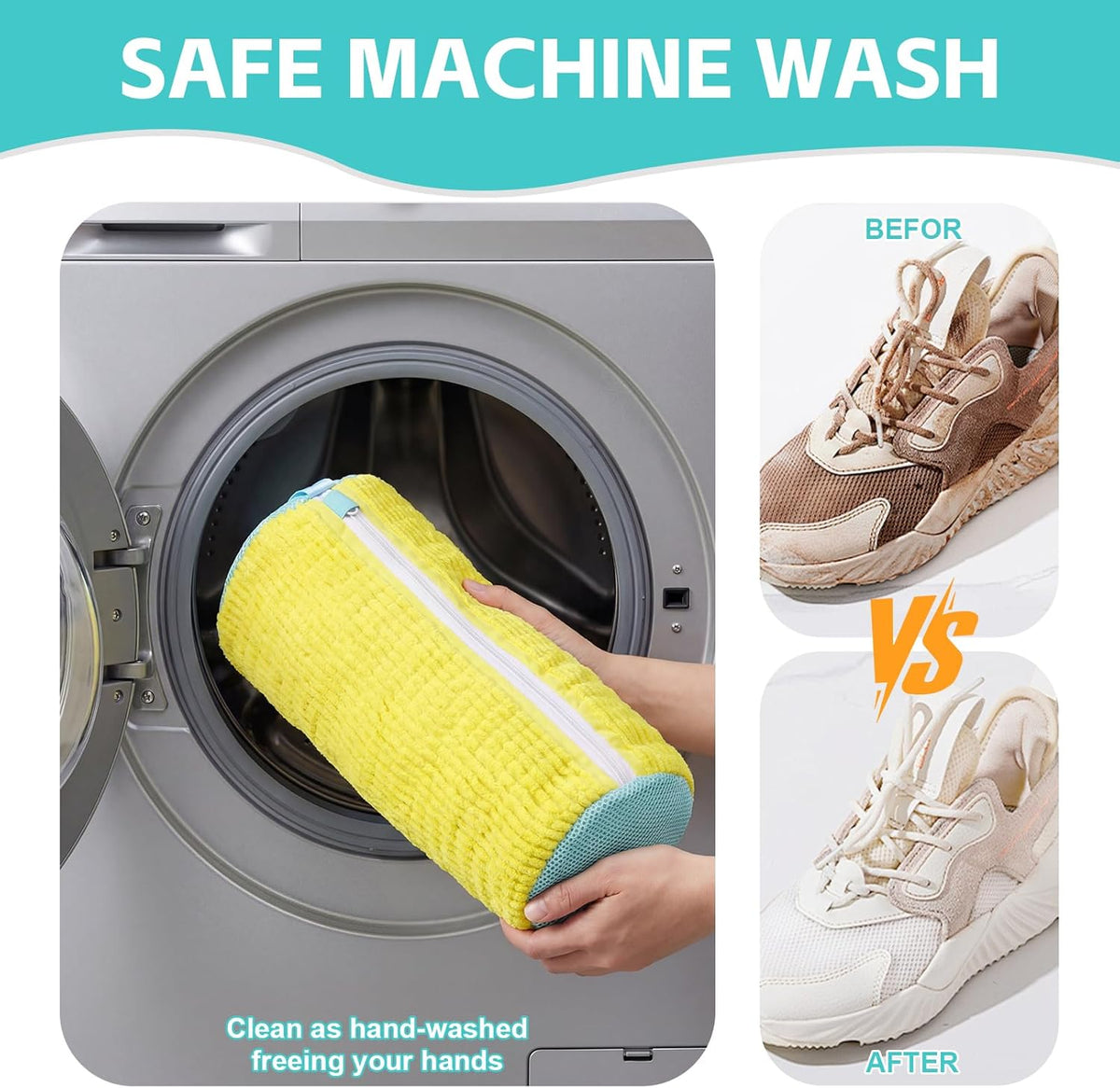 Shoe Washing Machine Bag Reusable Sneaker Washing Bag with Built-in Fluffy Brushes for 360° All-Around Cleaning, Laundry Shoe Bag is Designed for Washer and Dryer （Yellow ）