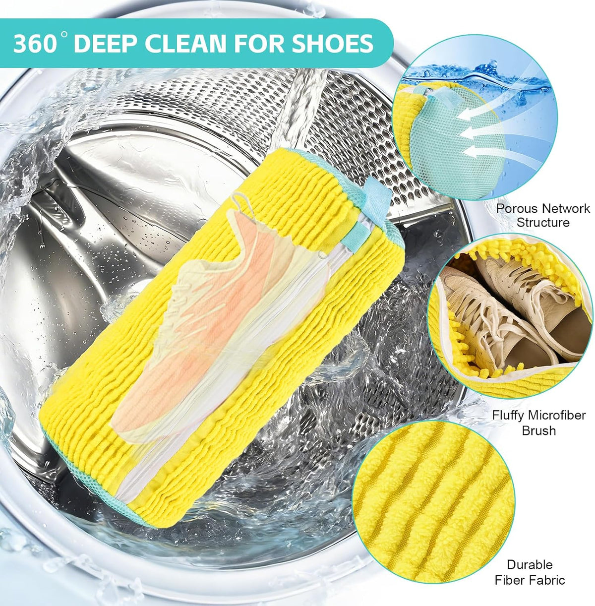 Shoe Washing Machine Bag Reusable Sneaker Washing Bag with Built-in Fluffy Brushes for 360° All-Around Cleaning, Laundry Shoe Bag is Designed for Washer and Dryer （Yellow ）