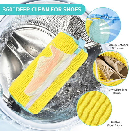 Shoe Washing Machine Bag Reusable Sneaker Washing Bag with Built-in Fluffy Brushes for 360° All-Around Cleaning, Laundry Shoe Bag is Designed for Washer and Dryer （Yellow ）