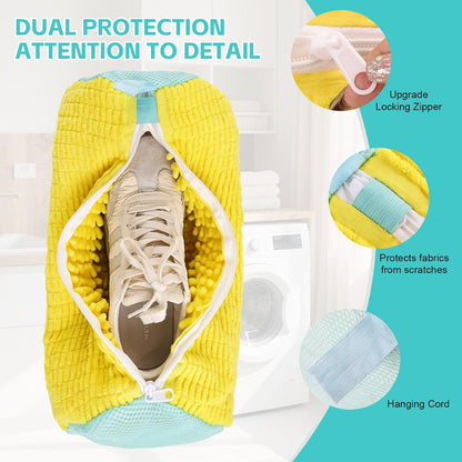 Shoe Washing Machine Bag Reusable Sneaker Washing Bag with Built-in Fluffy Brushes for 360° All-Around Cleaning, Laundry Shoe Bag is Designed for Washer and Dryer （Yellow ）
