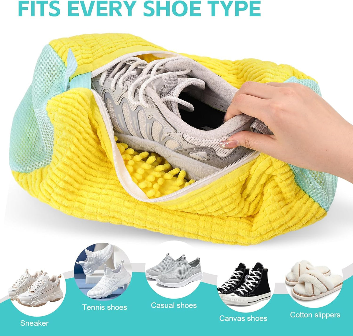 Shoe Washing Machine Bag Reusable Sneaker Washing Bag with Built-in Fluffy Brushes for 360° All-Around Cleaning, Laundry Shoe Bag is Designed for Washer and Dryer （Yellow ）