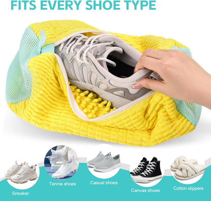 Shoe Washing Machine Bag Reusable Sneaker Washing Bag with Built-in Fluffy Brushes for 360° All-Around Cleaning, Laundry Shoe Bag is Designed for Washer and Dryer （Yellow ）
