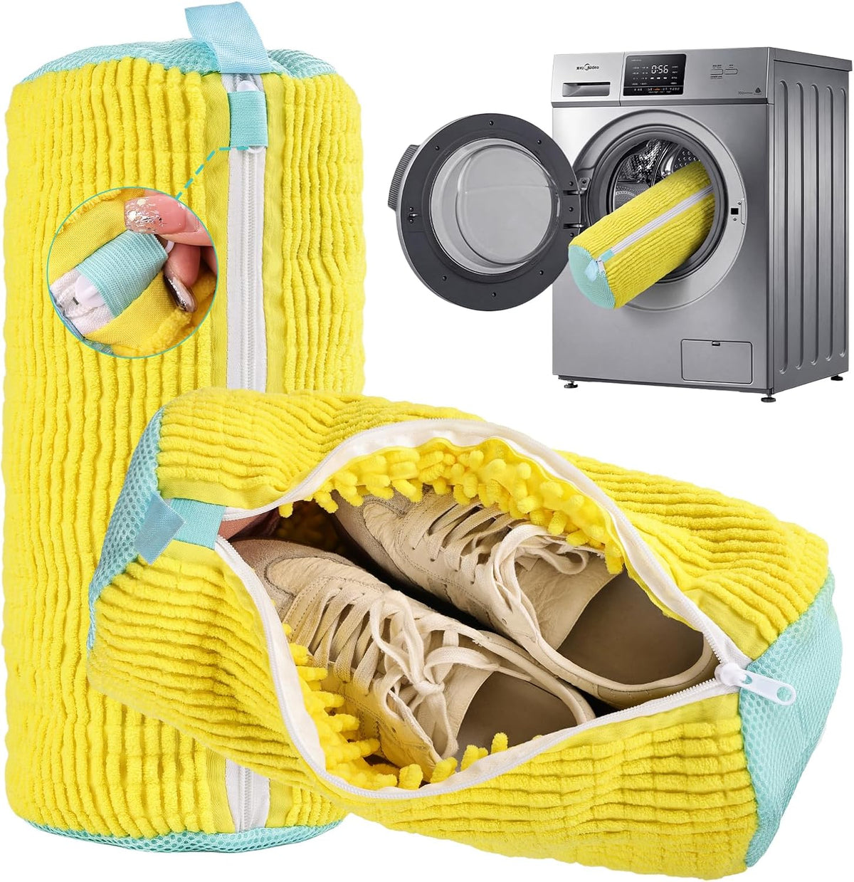 Shoe Washing Machine Bag Reusable Sneaker Washing Bag with Built-in Fluffy Brushes for 360° All-Around Cleaning, Laundry Shoe Bag is Designed for Washer and Dryer （Yellow ）