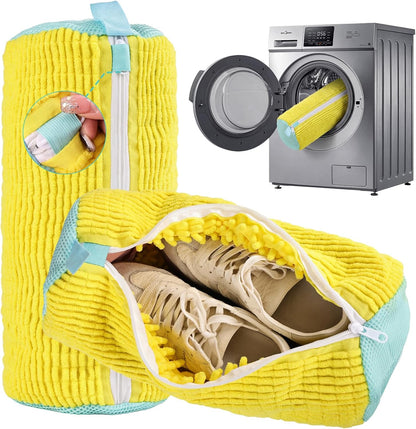 Shoe Washing Machine Bag Reusable Sneaker Washing Bag with Built-in Fluffy Brushes for 360° All-Around Cleaning, Laundry Shoe Bag is Designed for Washer and Dryer （Yellow ）