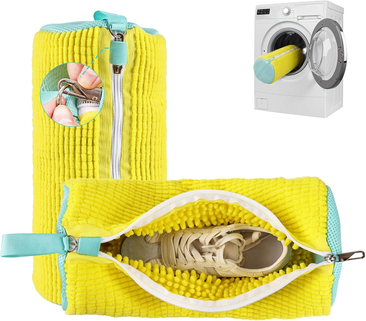 Shoe Washing Machine Bag Reusable Sneaker Washing Bag with Built-in Fluffy Brushes for 360° All-Around Cleaning, Laundry Shoe Bag is Designed for Washer and Dryer （Yellow ）