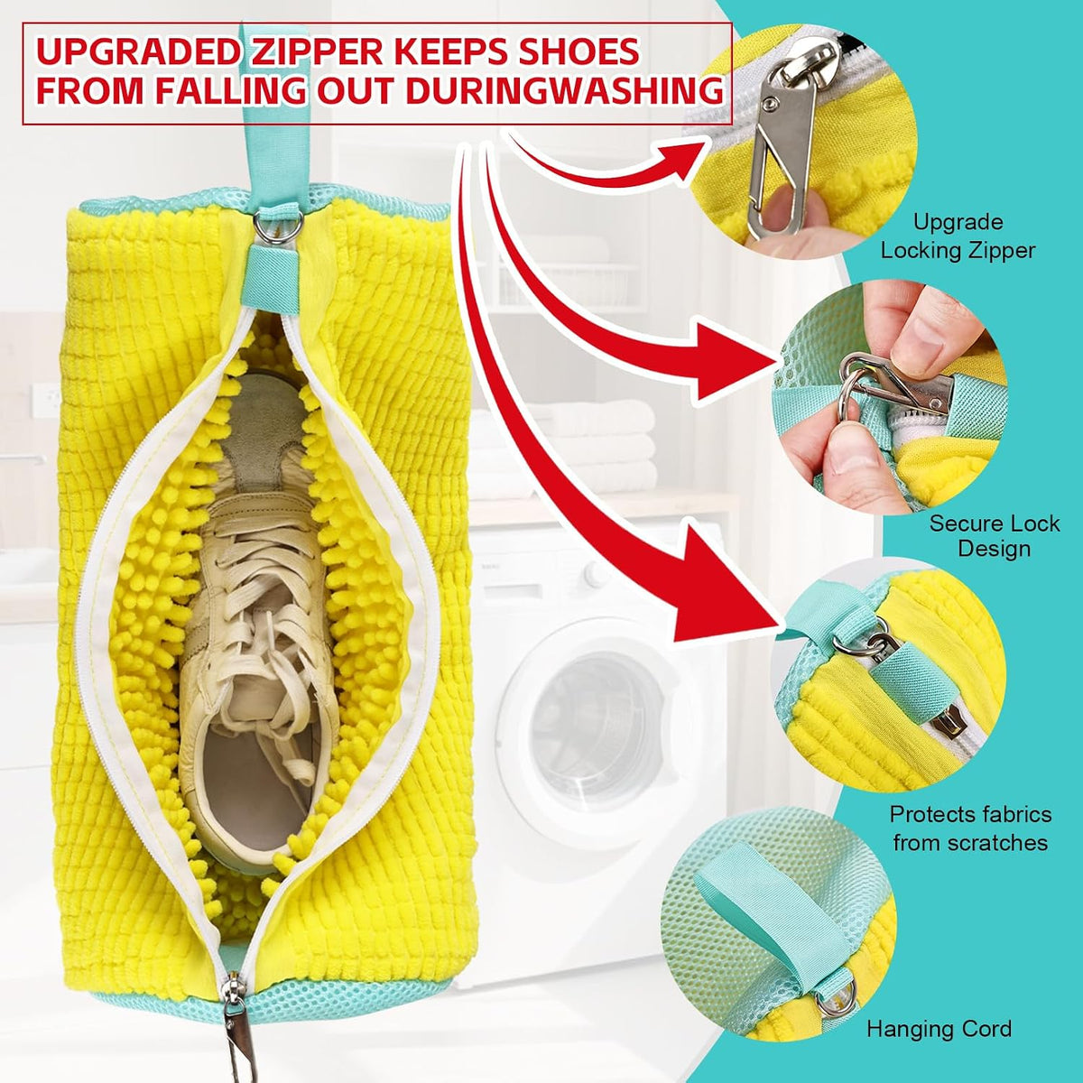 Shoe Washing Machine Bag Reusable Sneaker Washing Bag with Built-in Fluffy Brushes for 360° All-Around Cleaning, Laundry Shoe Bag is Designed for Washer and Dryer （Yellow ）